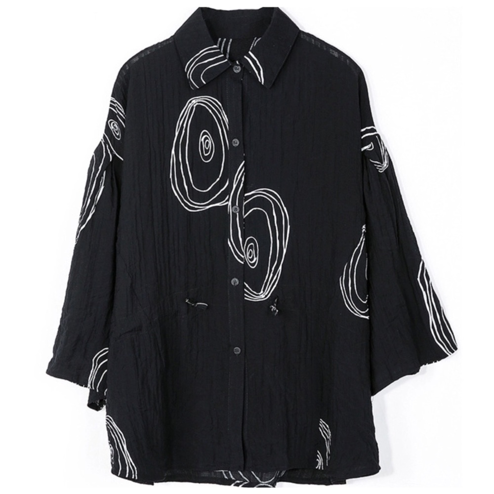 🌼 Black & White Swirl Cinch Tie Flowing Top - Picture 4 of 6